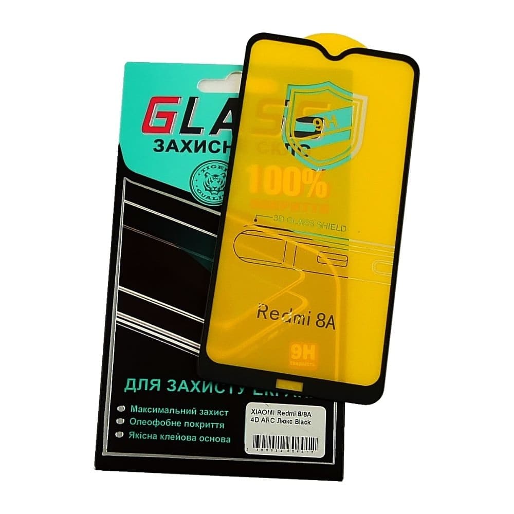 Захисне скло Xiaomi Redmi 8, Redmi 8A, M1908C3IC, MZB8255IN, M1908C3IG, M1908C3IH, MZB8458IN, M1908C3KG, M1908C3KH, чорне, Люкс, 0.3 мм, 4D ARC, сумісне з чохлом | Закаленное защитное стекло