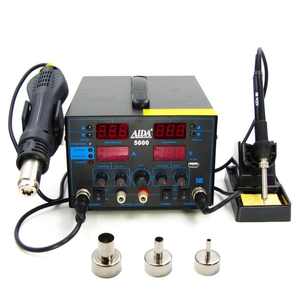 Паяльная станция Aida 5000, фен, паяльник, блок питания 30V 5A, USB A 5V 2A, цифровая индикация | гарантия 6 мес.