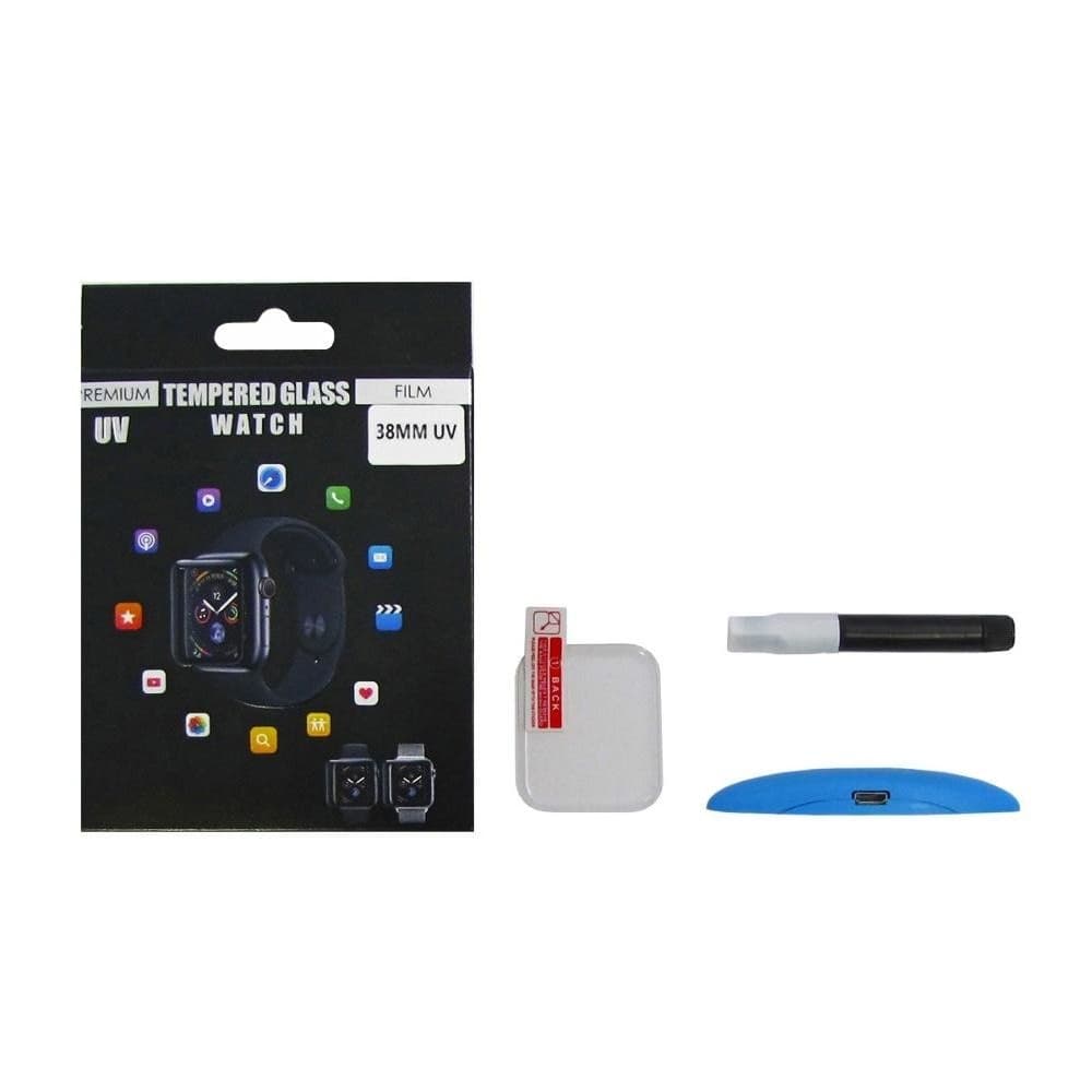 Захисне скло Apple Watch 38mm, 0.25 мм, 3D, прозоре в комплекте с UV клеем и лампой, сумісне з чохлом | Закаленное защитное стекло