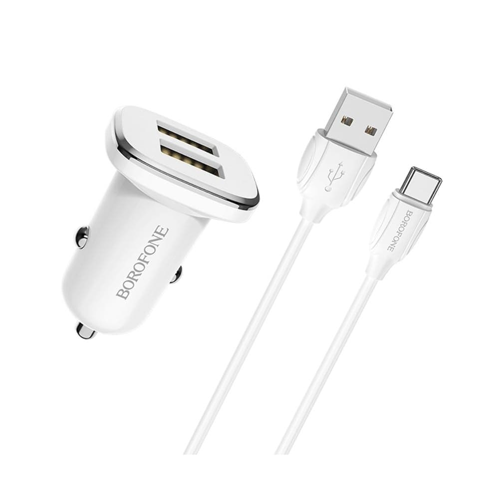 Автомобильний зарядний пристрій Borofone BZ12, 2 USB, 2.4 А, Type-C, белое | зарядка, зарядное устройство