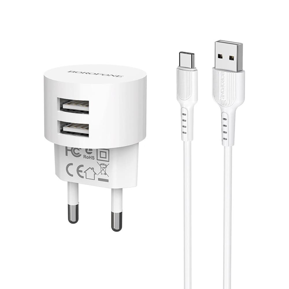 Сетевое зарядное устройство Borofone BA23A, 2 USB, 2.4 А, Type-C, белое
