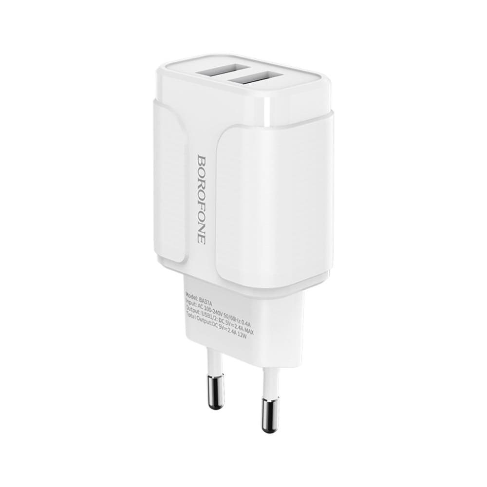 Сетевое зарядное устройство Borofone BA37A, 2 USB, 2.4 А, 12W, белое