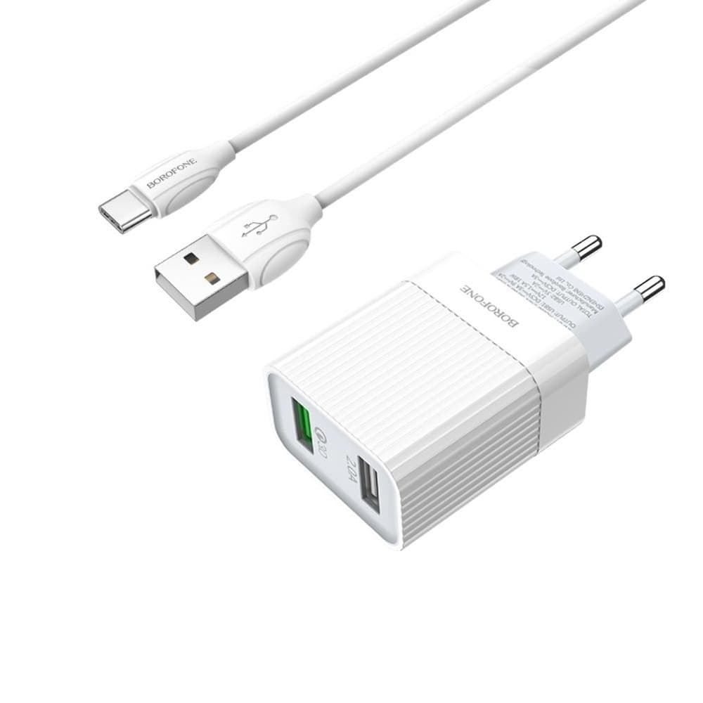 Сетевое зарядное устройство Borofone BA39A, 2 USB, Quick Charge 3.0, Type-C, белое
