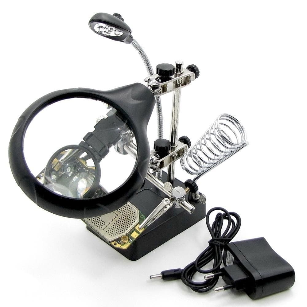 Тримач плат и паяльника MG16129-C, с LED-подсветкой и набором луп (d=85 мм, 2x; d=32 мм, 3.5х; d=32 мм, 5x) | держатель