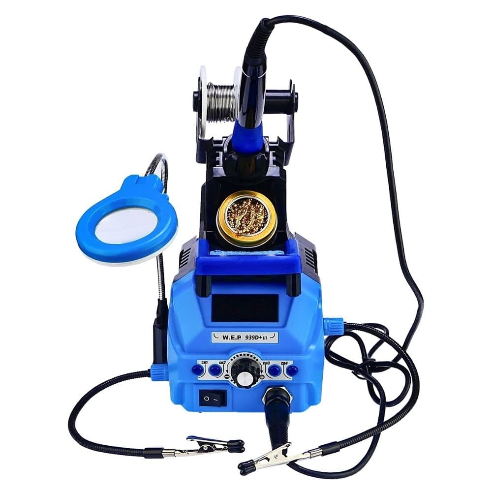 Паяльная станция WEP 939D+-III, паяльник, цифровая индикация, лупа, подсветка, держатели плат и припоя, 120 Вт, 200-480 C | гарантия 6 мес.