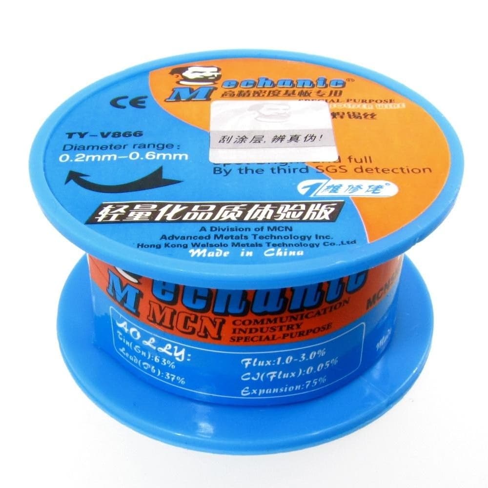 Припой Mechanic TY-V866, Sn 63%, Pb 37%, флюс 1-3%, 0.2 мм, 40 г