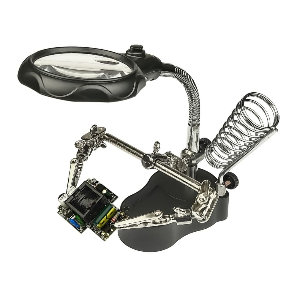 Тримач плат и паяльника MG16126-A, с LED-подсветкой и двойной лупой, большая лупа d=65 мм, 3.5x; малая лупа d=17, 12x | держатель