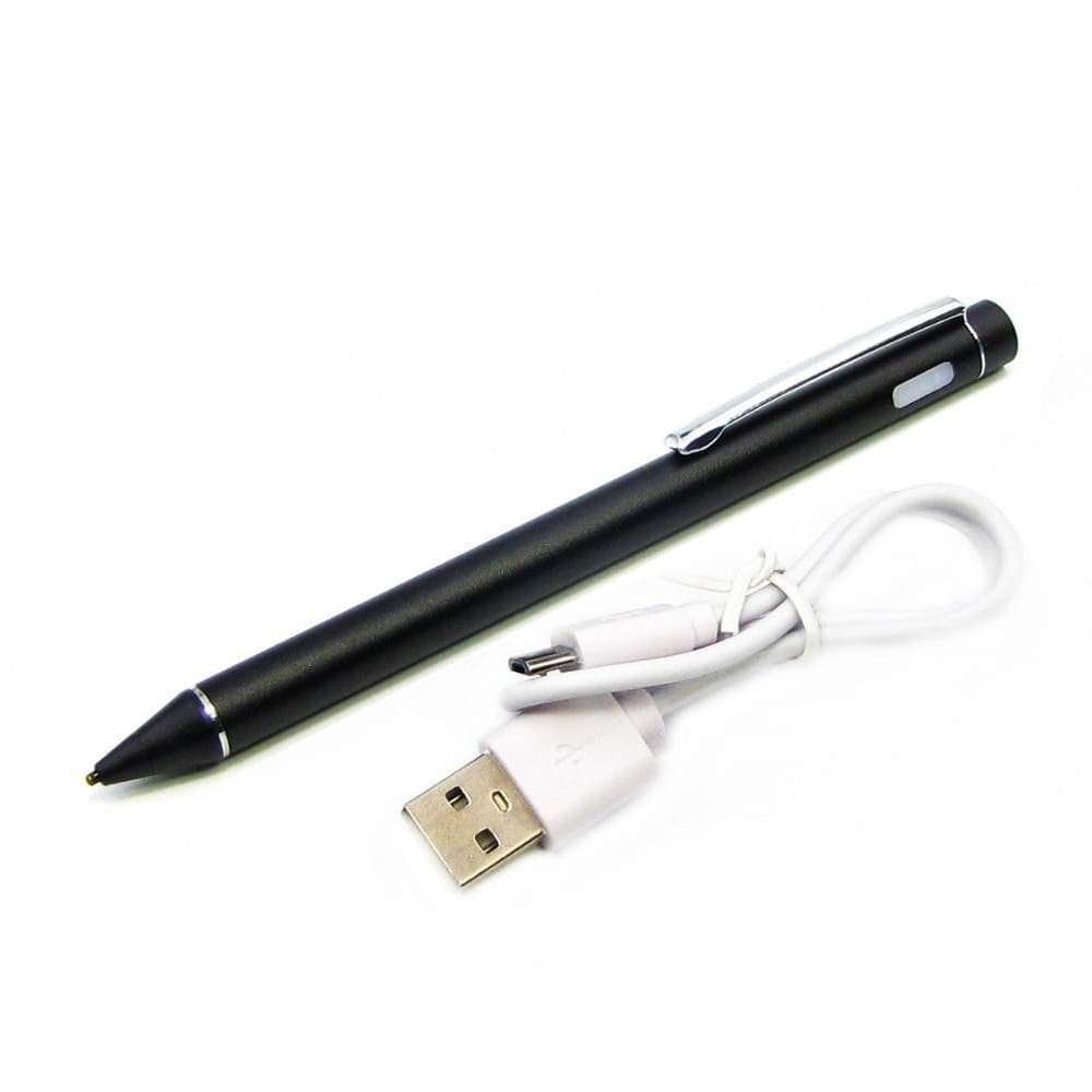 Стилус емкостный, высокоточный, активный, со встроенной батареей, алюминиевый, чорний, с кнопкой Вкл, Выкл