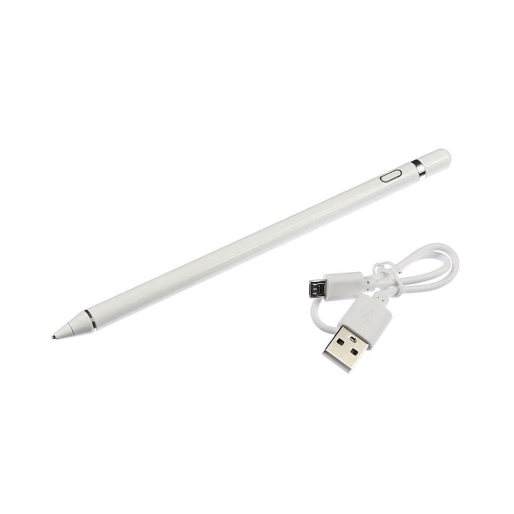 Стилус емкостный, высокоточный, активный, со встроенной батареей, алюминиевый, білий, с кнопкой Вкл, Выкл
