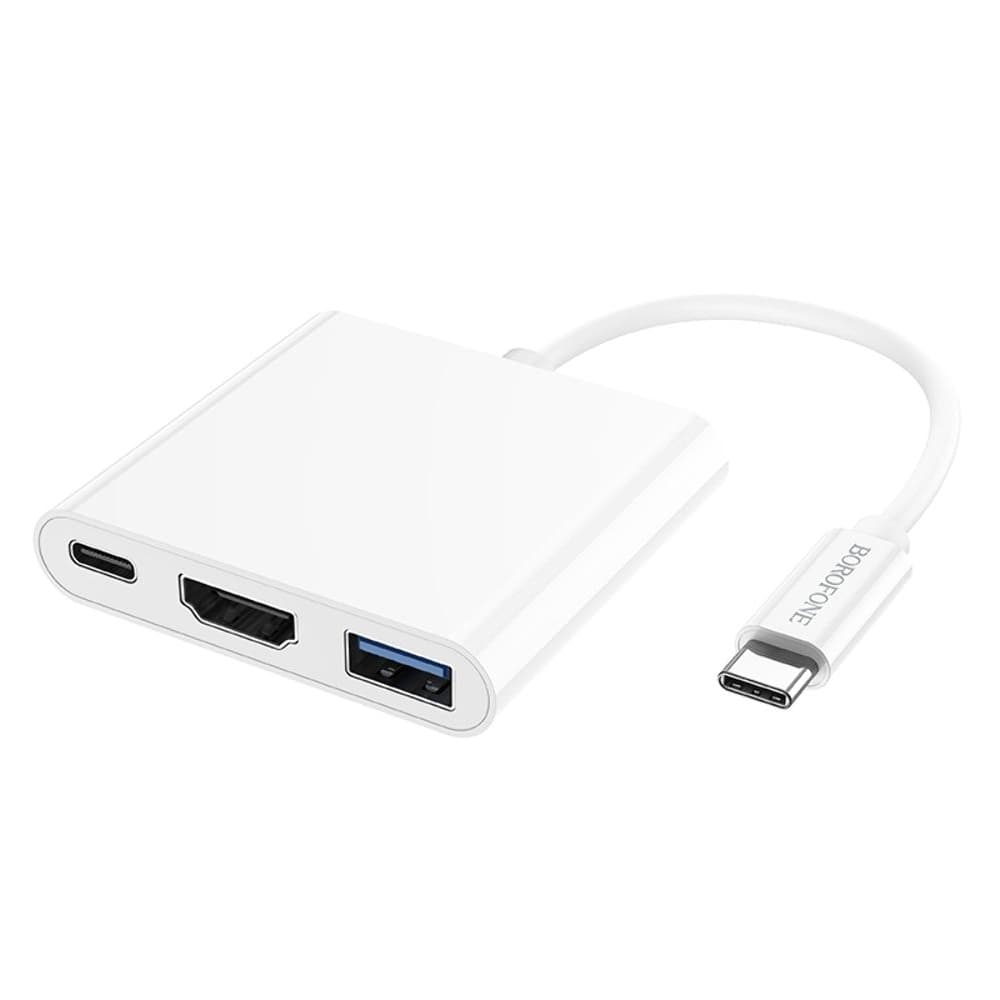 Мультиадаптер хаб Borofone DH4, 3 в 1, Type-C на USB 3.0 (F)/ HDMI (F)/ Type-C (F), Power Delivery (60 Вт), 11 см, білий