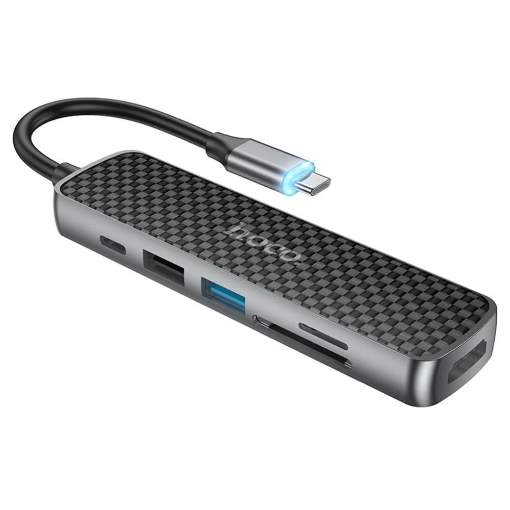 Мультиадаптер хаб Hoco HB24, 6 в 1, Type-C на USB 3.0 (F)/ USB 2.0 (F)/ HDMI (F)/ Type-C (F)/ SD/ TF Power Delivery (60 Вт) 0.135m