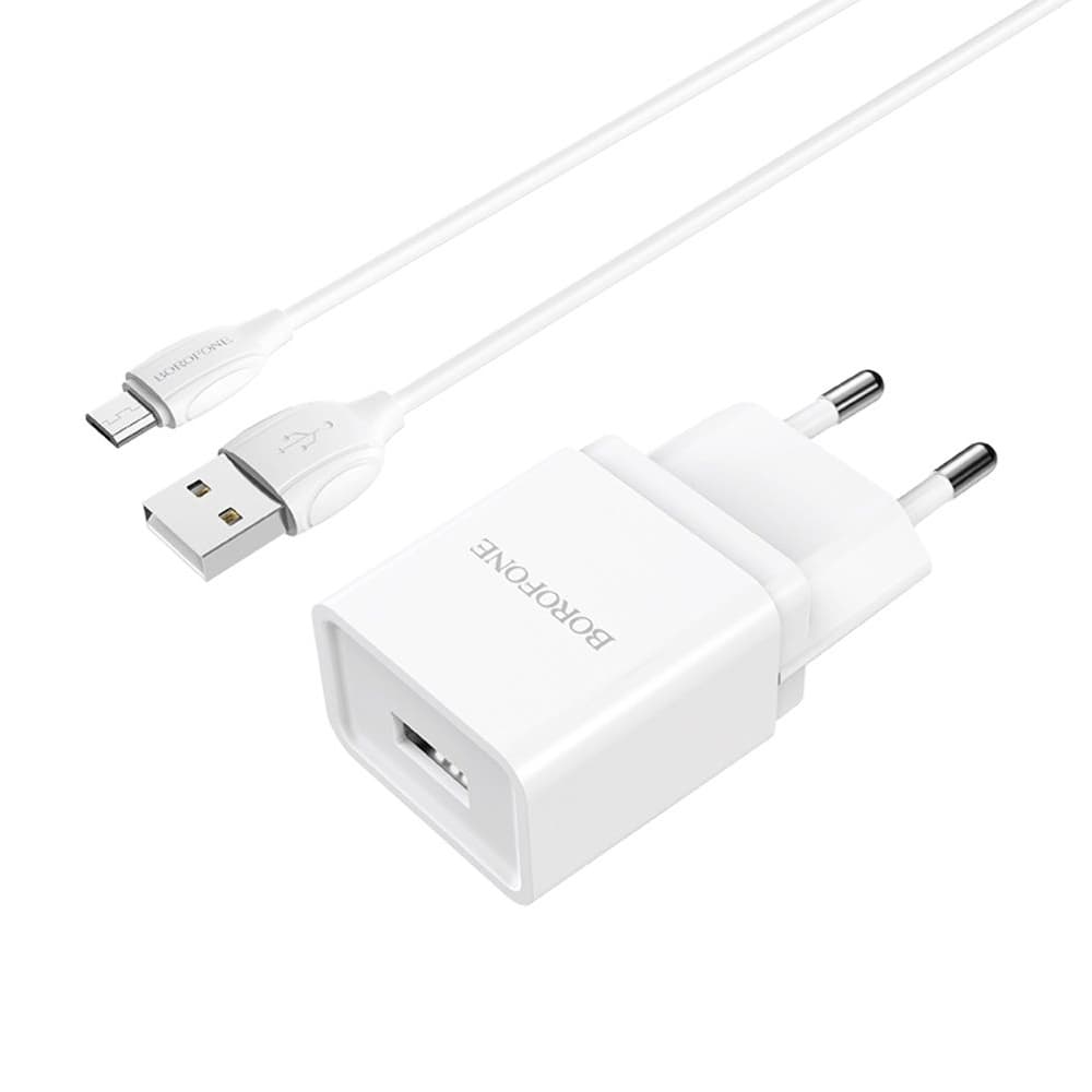 Сетевое зарядное устройство Borofone BA19A, 1 USB, 1.0 А, с кабелем Micro-USB, белое