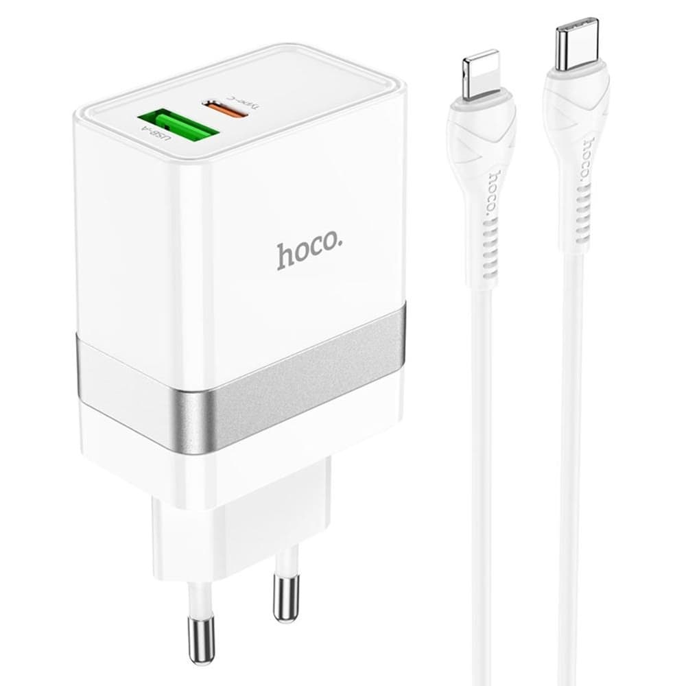 Сетевое зарядное устройство Hoco N21, 1 USB, 1 USB Type-C, Power Delivery, 30 Вт, Quick Charge 3.0,Type-C на Lightning, белое