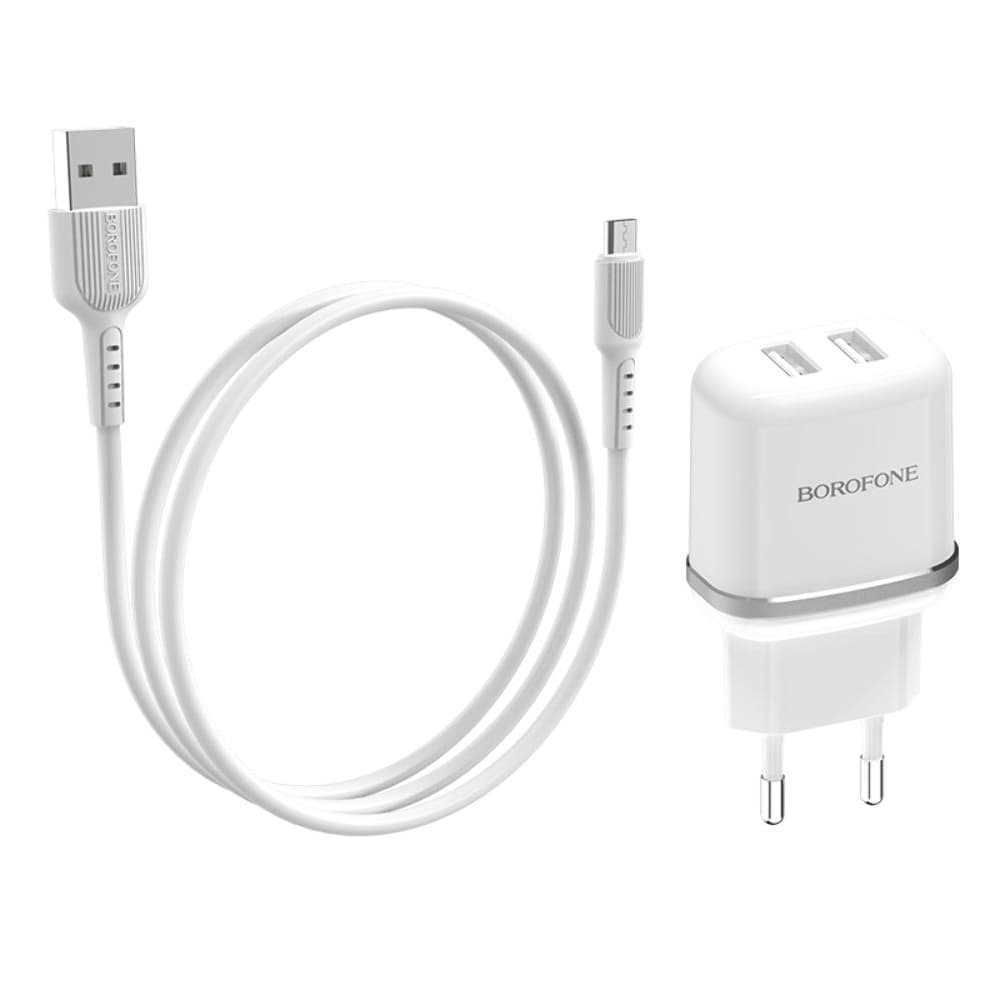 Сетевое зарядное устройство Borofone BA25A, 2 USB, 2.4 А, Micro-USB, белое