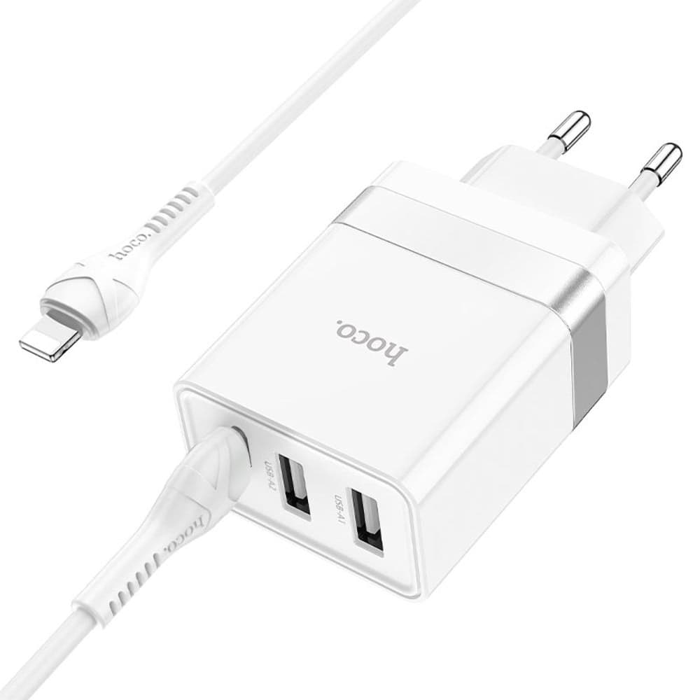 Сетевое зарядное устройство Hoco N21 Pro, 2 USB, 1 USB Type-C, Power Delivery, 30 Вт, Type-C на Lightning, белое