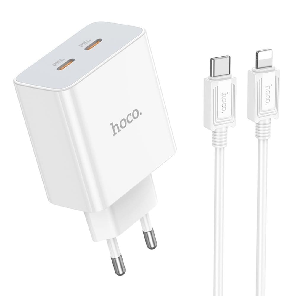 Сетевое зарядное устройство Hoco C108A, 2 USB Type-C, Power Delivery (35 Вт), кабель Type-C на Lightning, белое