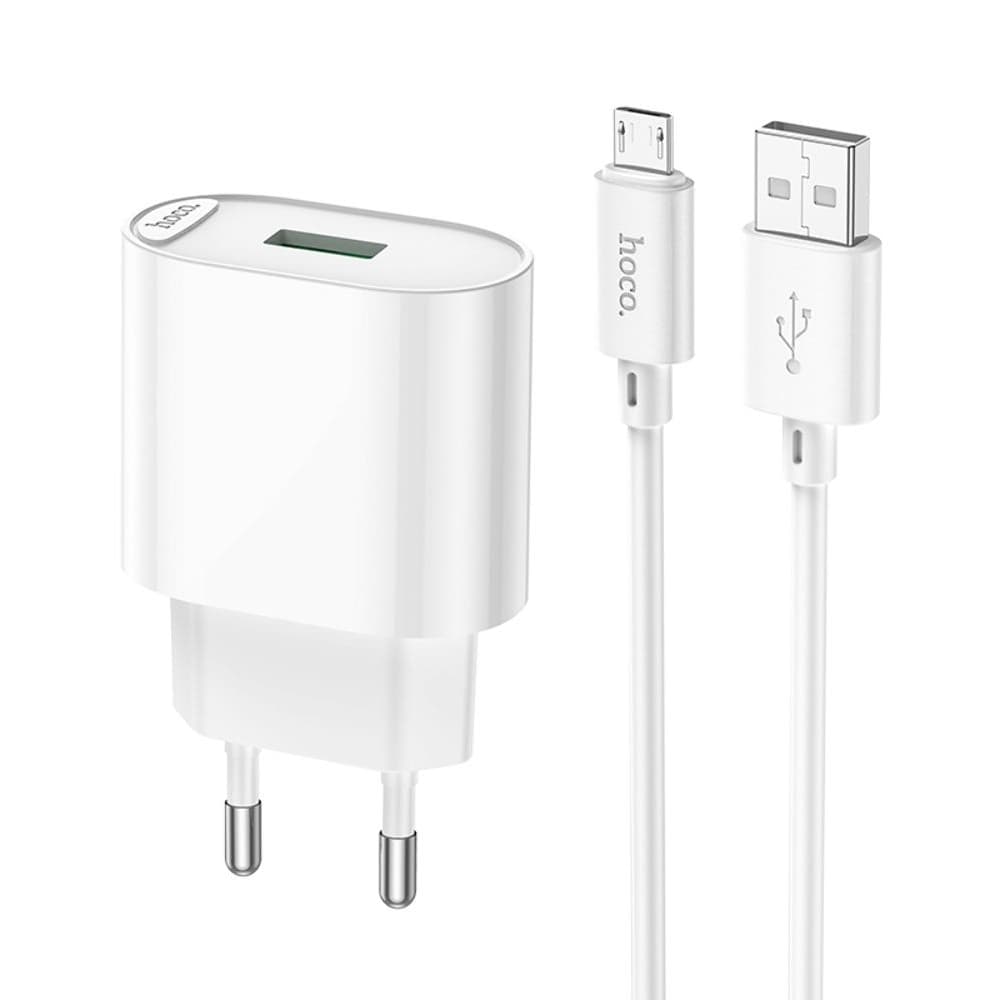 Сетевое зарядное устройство Hoco C109A, 1 USB, Quick Charge 3.0, 18 Вт, с кабелем Micro-USB, белое