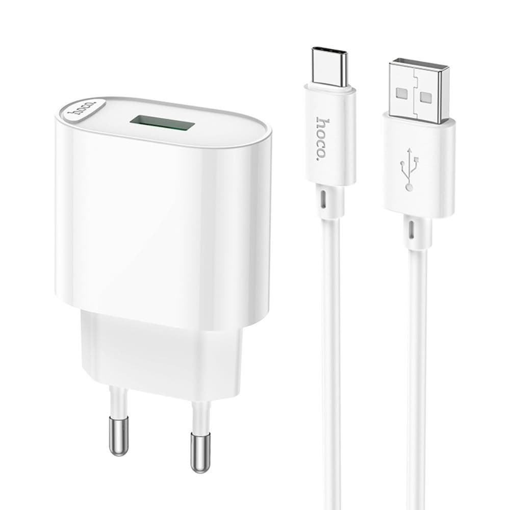 Сетевое зарядное устройство Hoco C109A, 1 USB, Quick Charge 3.0, 18 Вт, с кабелем Type-C, белое