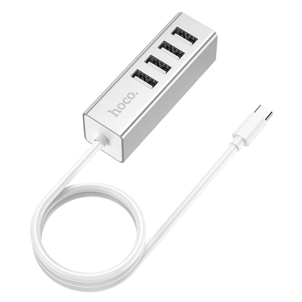 Мультиадаптер Hoco HB1, Type-C на 4 USB 2.0 (F), 80 см, серебристый | USB-хаб