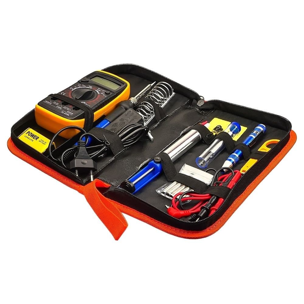 Паяльный набор в пенале Aida A-806+, паяльник 60 Вт, регулировка температуры 200 - 450 °C, жала 900M (6 шт), мультиметр, инструменты и расходники