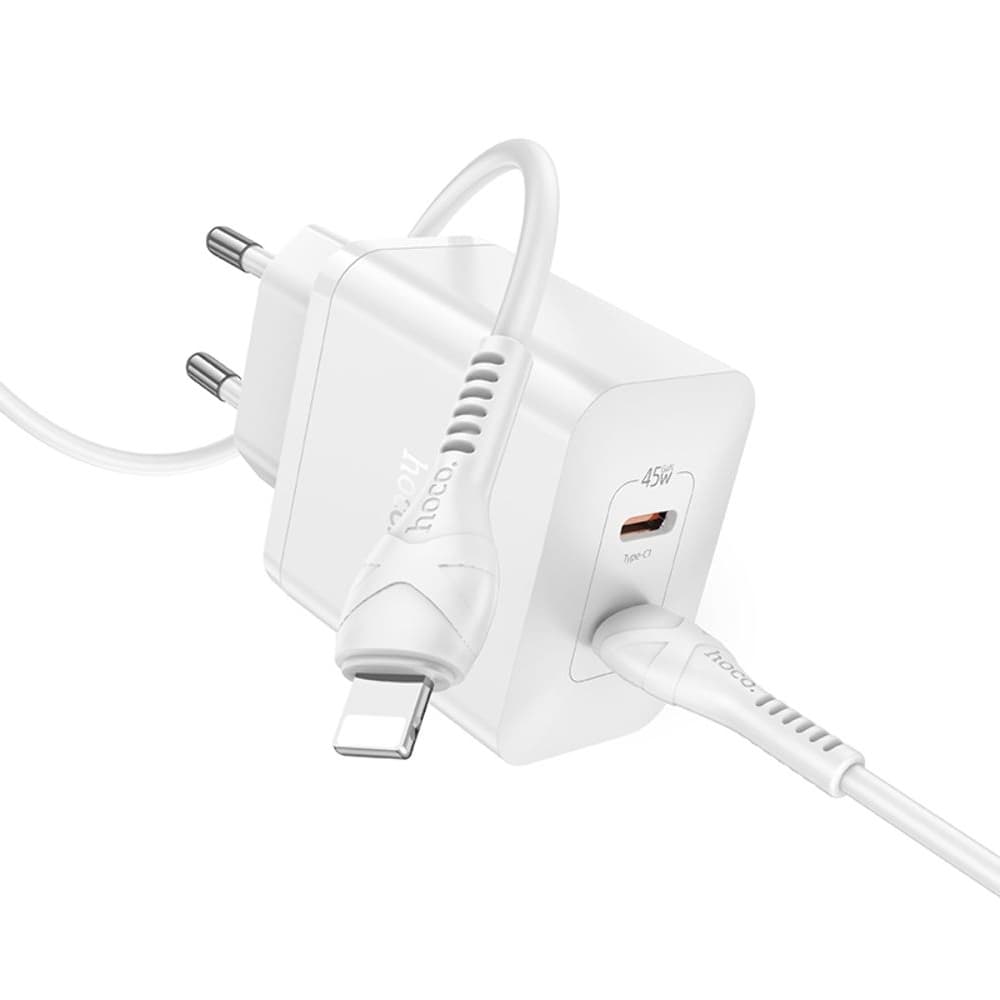 Сетевое зарядное устройство Hoco N35, 2 USB Type-C, Power Delivery (45 Вт), белое, с кабелем Type-C на Lightning