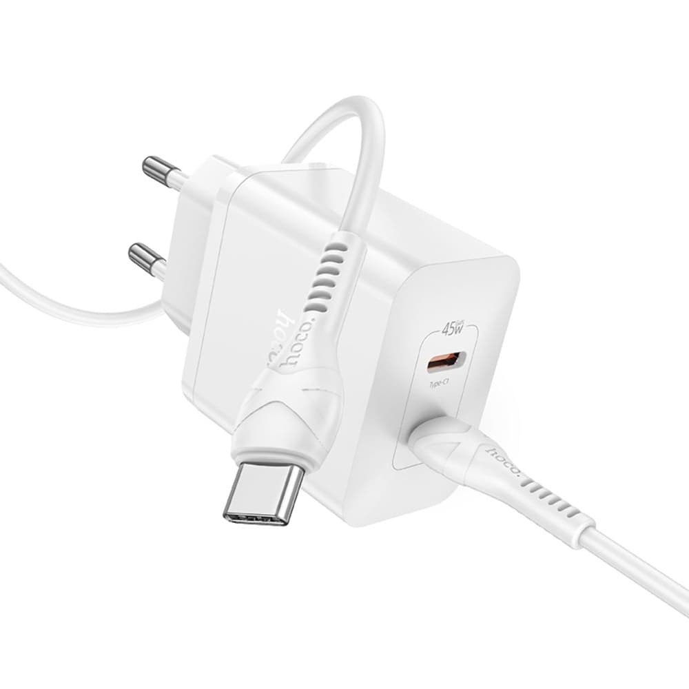 Сетевое зарядное устройство Hoco N35, 2 USB Type-C, Power Delivery (45 Вт), белое, с кабелем Type-C на Type-C