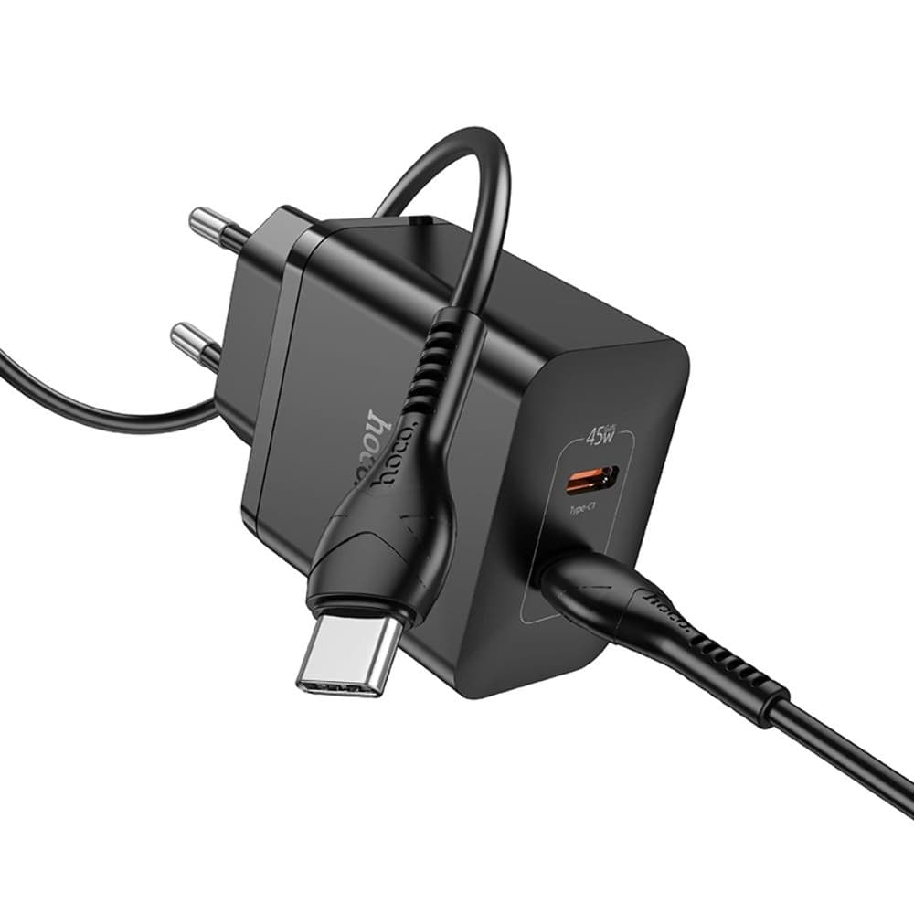 Сетевое зарядное устройство Hoco N35, 2 USB Type-C, Power Delivery (45 Вт), черное, с кабелем Type-C на Type-C