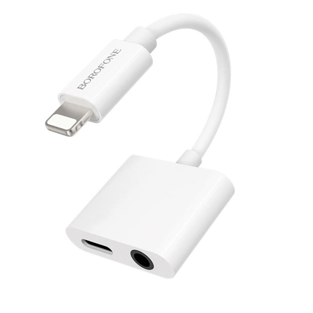 Адаптер переходник Borofone BV12, 2 в 1, аудио конвертер Lightning to Jack 3.5 (F)/ Lightning (F), 12 см, белый