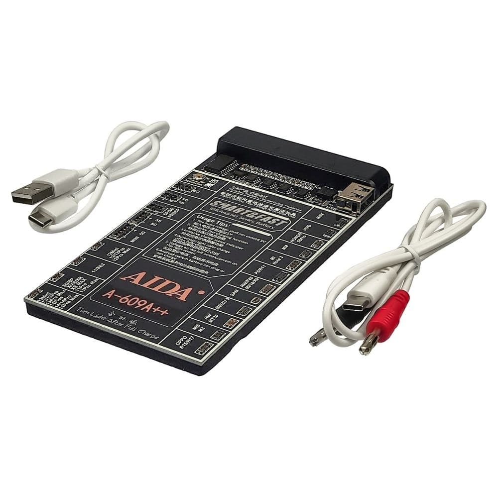 Плата активации и зарядки аккумуляторов Aida A-609A++ с цифровая индикация (5G -14 Pro Max,HUAWEI,LENOVO,VIVO,MI,ZTE; кабели microUSB, USB A, штеккеры БП)