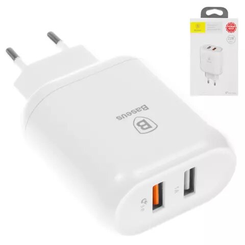 Сетевое зарядное устройство Baseus BS-EUQC01, Quick Charge, USB вход 5В 3А/9В 2А/12В 1,5А, (USB-выход 5V 1A), белое, CCALL-AG02