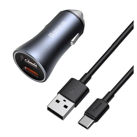 Автомобильний зарядний пристрій Baseus Golden Contactor Pro, 2 USB, 5V 3A/9V 2A/10V 2A/12V 1.5A, серое, Quick Charge, с USB кабелем Type-C, 40 Вт, #TZCCJD-A0G | зарядка, зарядное устройство