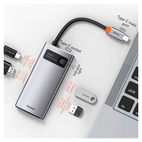 USB-хаб Baseus Metal Gleam, Type-C на USB, USB 3.0 тип-A, HDMI, с индикатором, сірий, 4 порта, #CAHUB-CY0G