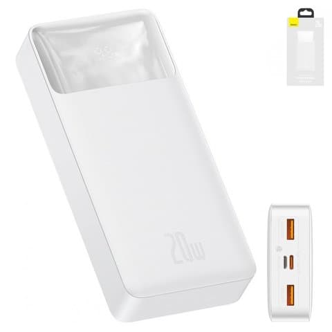 Power bank Baseus Bipow, 20000 mAh, с дисплеем, c кабелем, білий, Quick Charge, 20 Вт, #PPDML-M02