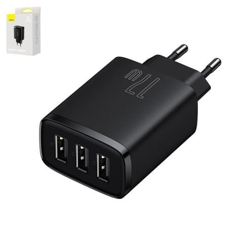 Сетевое зарядное устройство Baseus Compact Charger, 220 В, черное, USB тип-A, 17 Вт, 3 порта, CCXJ020101