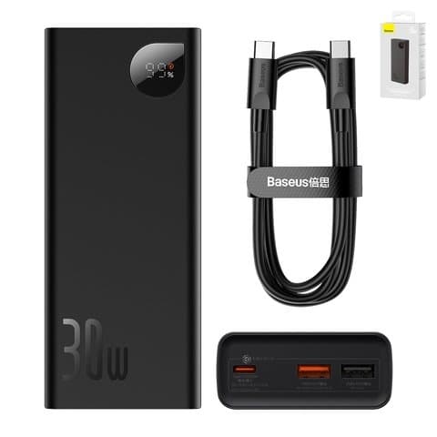 Power bank Baseus Adaman, 20000 mAh, с дисплеем, c кабелем USB тип-C к USB тип-C, чорний, Quick Charge, 30 Вт, #PPAD030001
