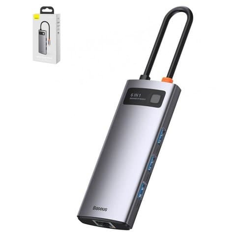 USB-хаб Baseus Metal Gleam, USB тип-C, USB 3.0 тип-A, RJ-45, HDMI, с индикатором, сірий, 6 портов, #CAHUB-CW0G