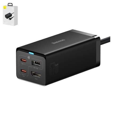 Сетевое зарядное устройство Baseus GaN5 Pro Desktop, 67 Вт, Quick Charge, чорний, USB Type A только для передачи данных, c кабелем USB тип-C к USB тип-C, 4 порта, #CCGP110201
