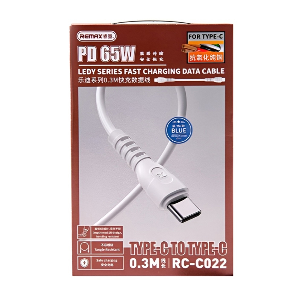 USB-кабель Remax RC-C022, Type-C на Type-C, Power Delivery (65 Вт), 30 см, синій