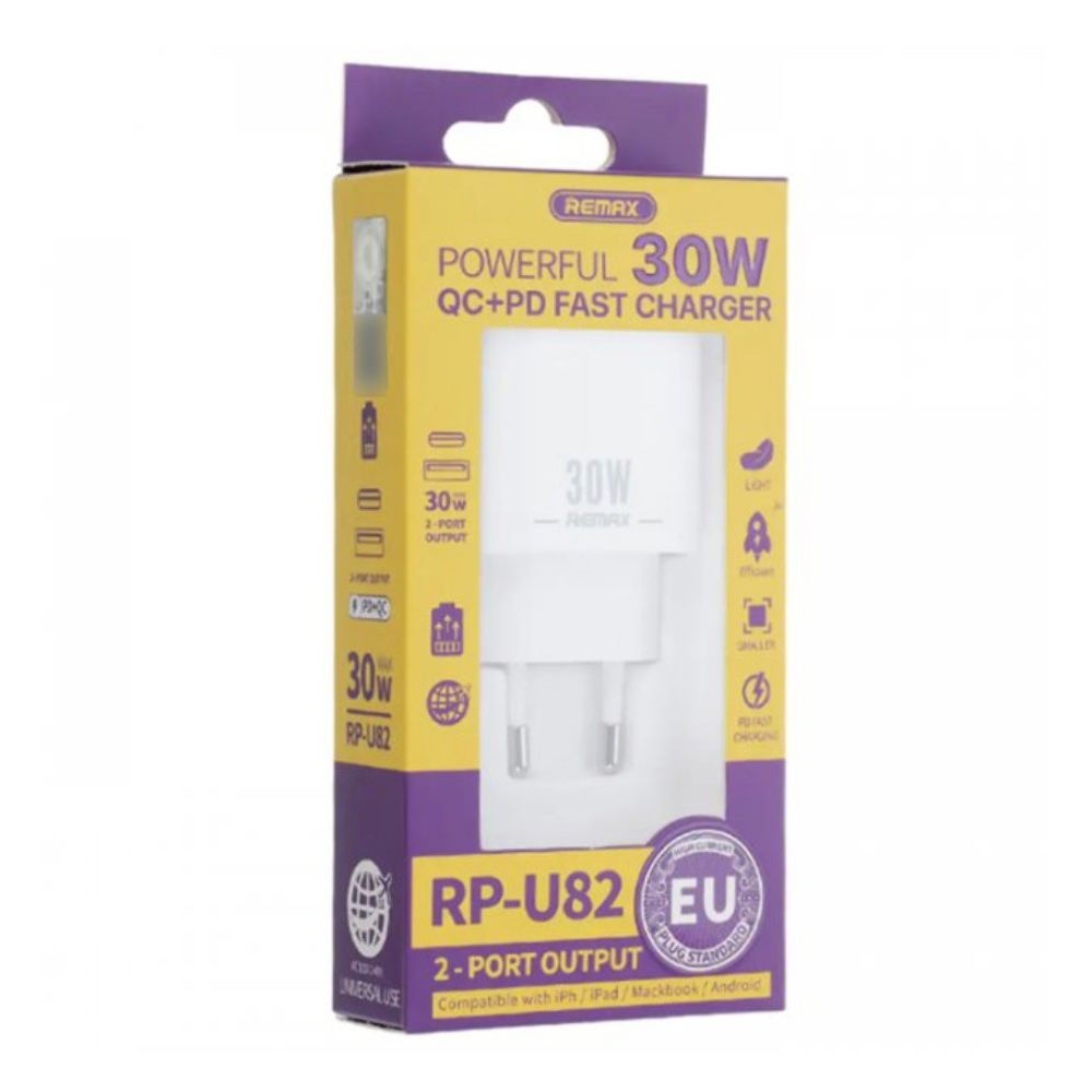 Сетевое зарядное устройство Remax RP-U82 PD30W, Quick Charge 3.0, белое