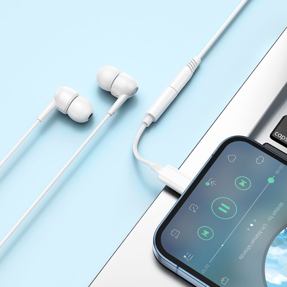 AUX-USB-кабель Hoco LS34, аудио конвертер, Lightning на Jack 3.5 (F), 8 см, білий