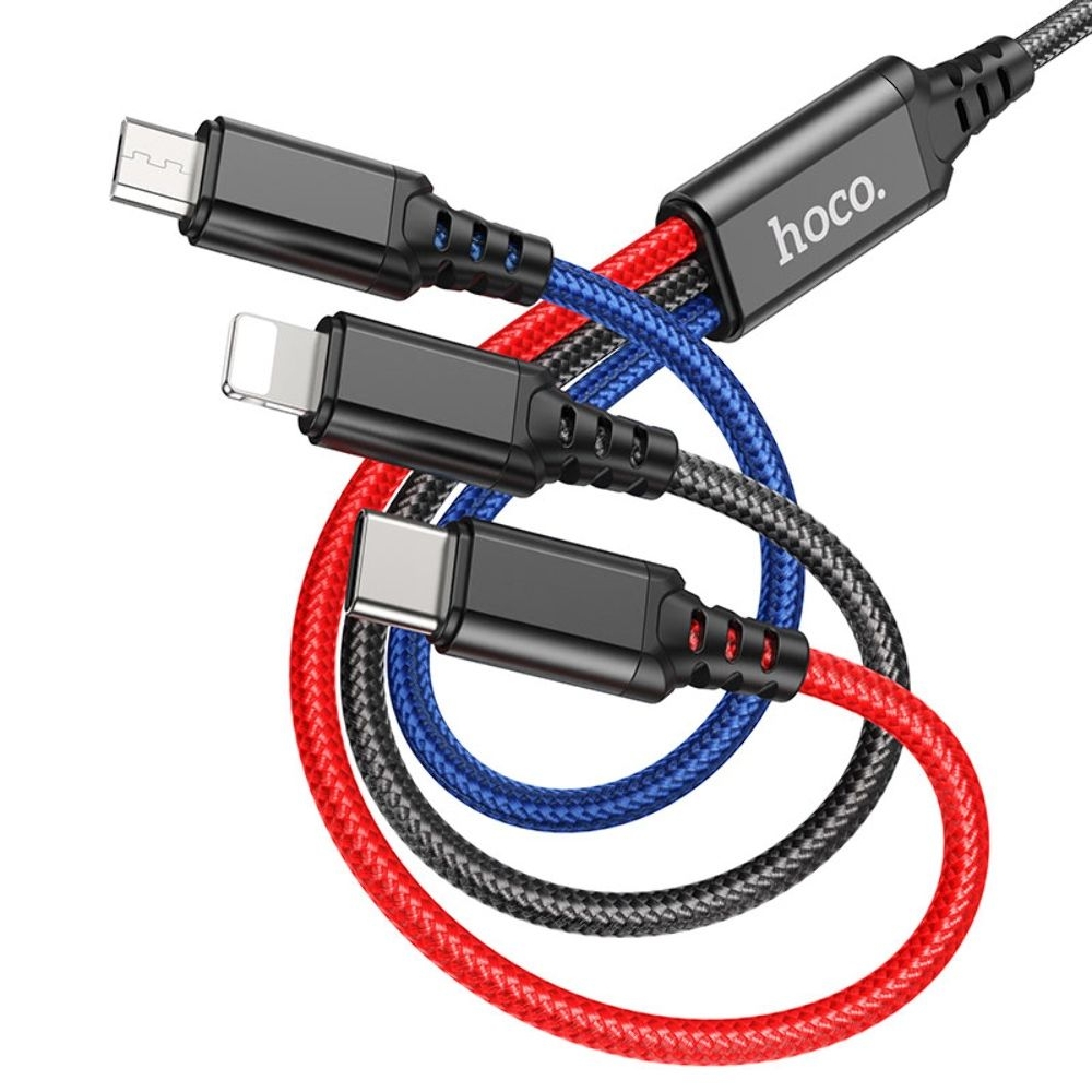 USB-кабель Hoco X76, 3 в 1, Lightning, Type-C, Micro-USB, 100 см, чорний, только для зарядки, режим передачи данных отключен