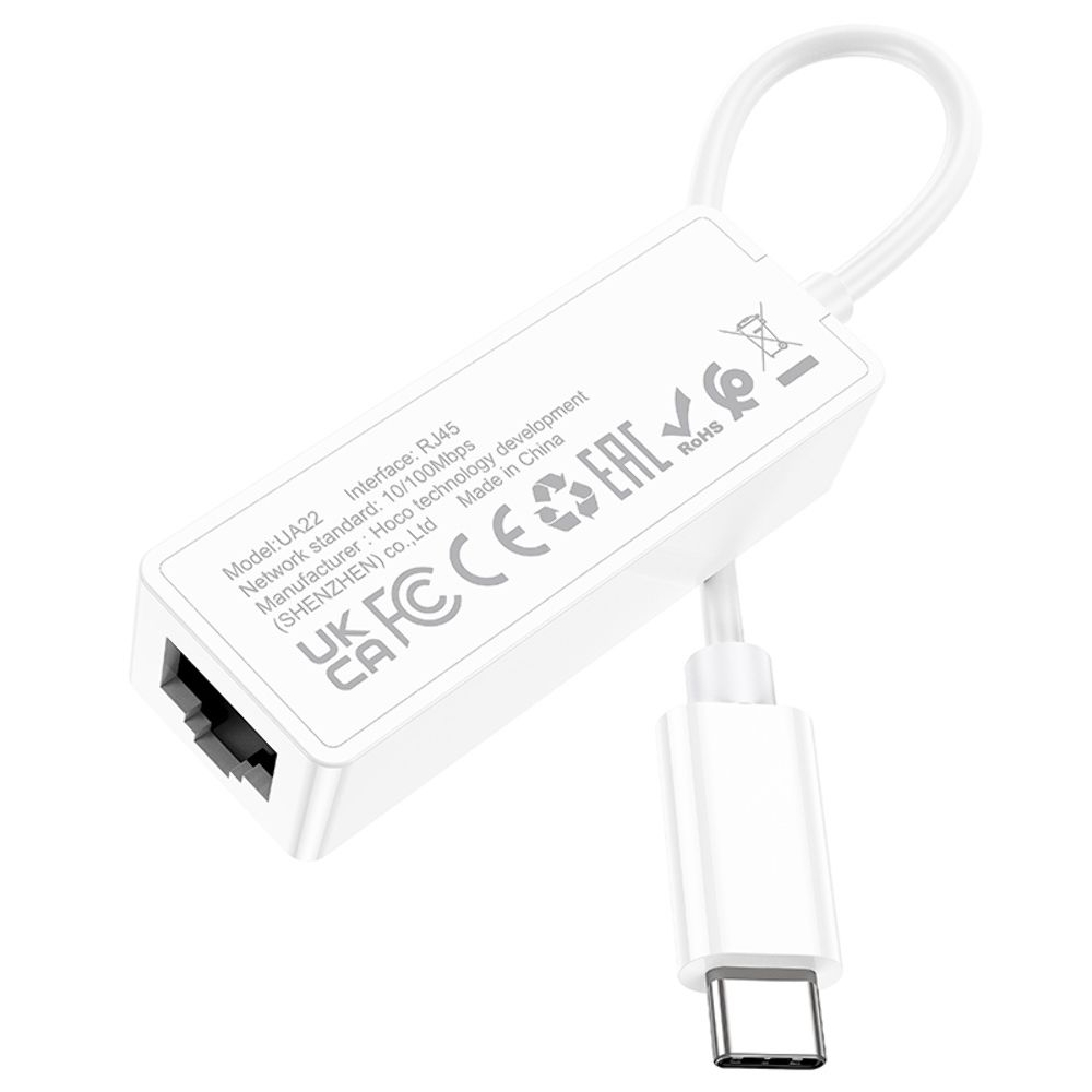 Адаптер-переходник Hoco UA22, LAN 100 Mbps Type-C на RJ45 (F), 14 см, білий