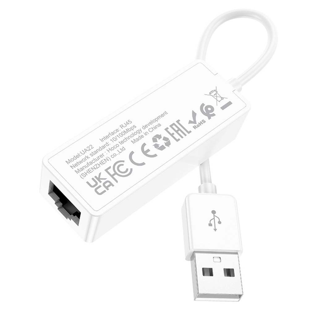 Адаптер переходник Hoco UA22, LAN 100 Mbps USB на RJ45 (F), 14 см, білий