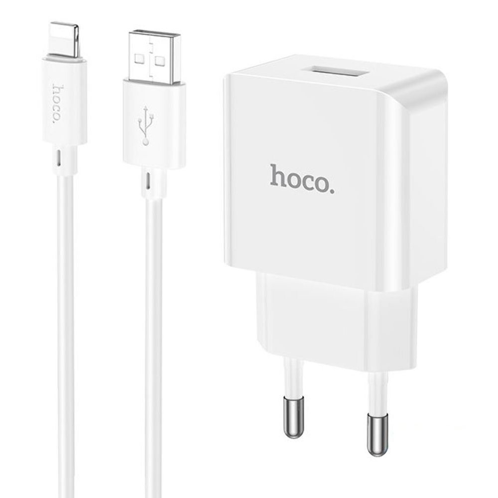 Сетевое зарядное устройство Hoco C106A, 10.5 Вт, с кабелем Lightning, белое