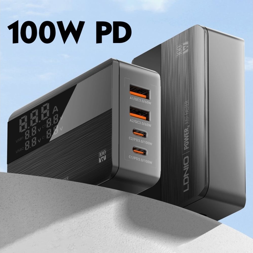 Сетевое зарядное устройство Ldnio A4809C, 2 USB, 2 Type-C, Quick Charge, Power Delivery, 100 Вт, c дисплеем, черное