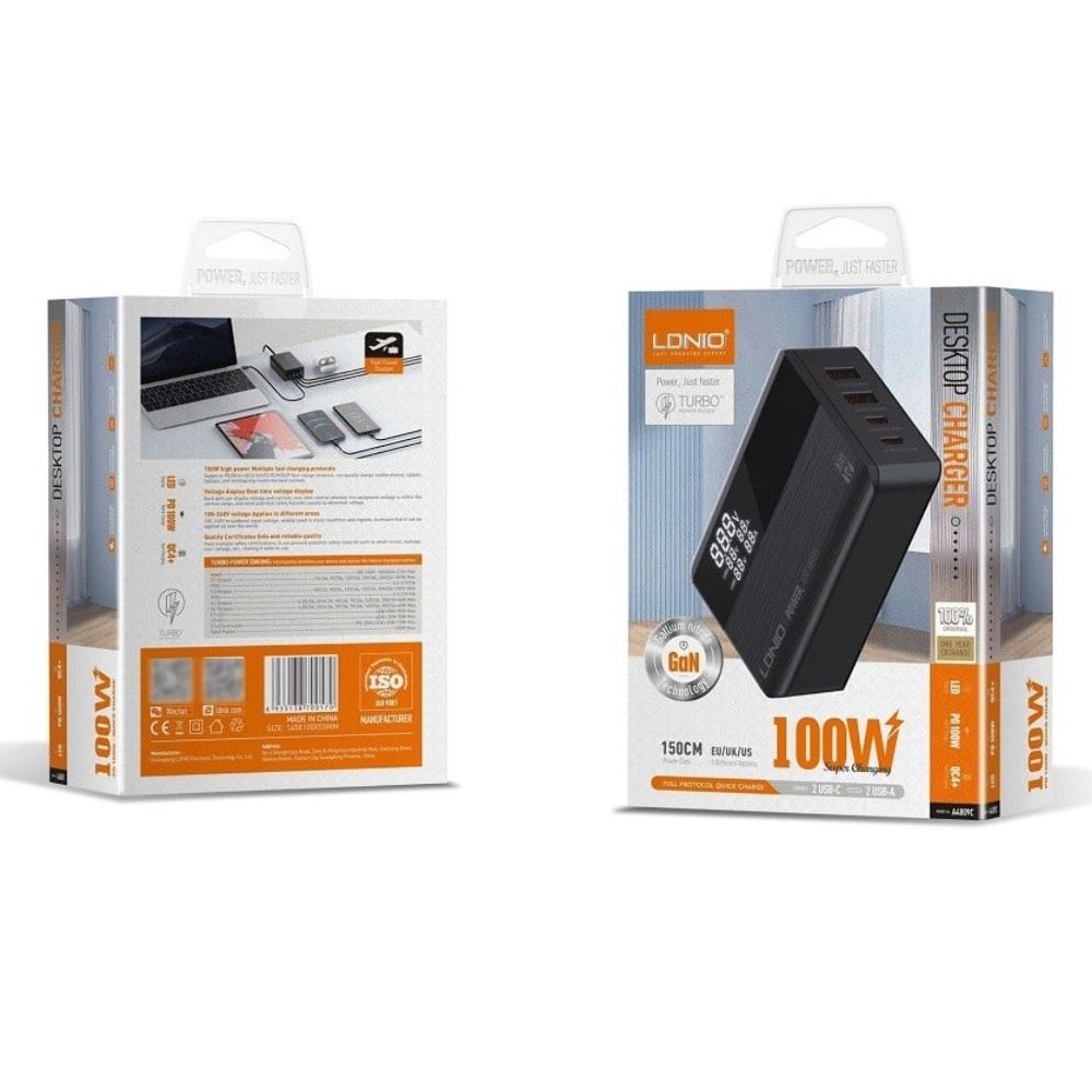 Сетевое зарядное устройство Ldnio A4809C, 2 USB, 2 Type-C, Quick Charge, Power Delivery, 100 Вт, c дисплеем, черное