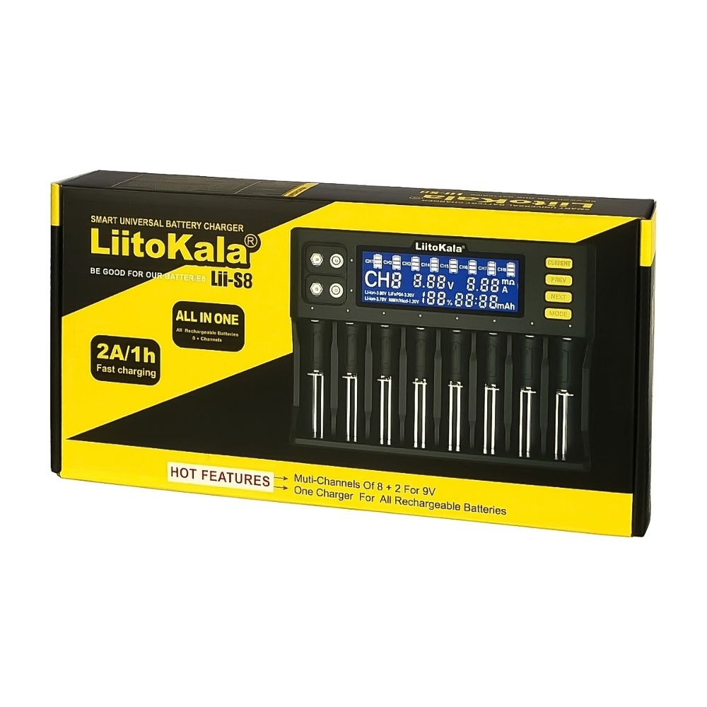 Сетевое зарядное устройство с тестером LiitoKala Lii-S8, для аккумуляторов 18650, АА, ААА и других, 8 слотов