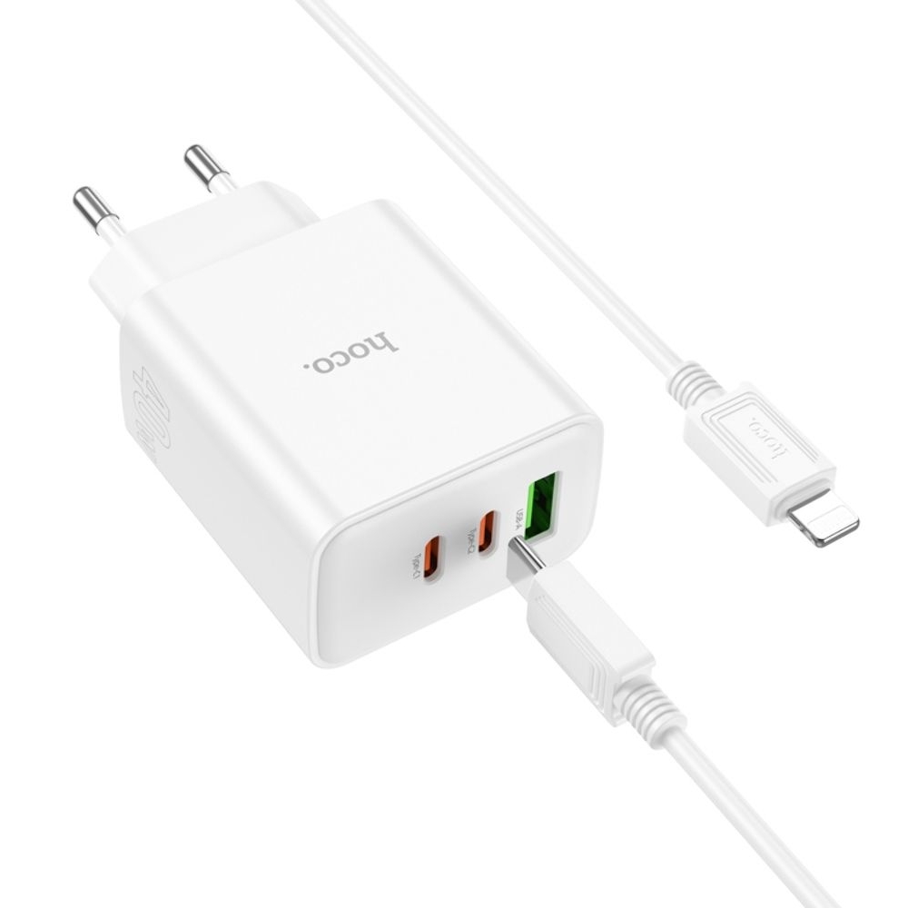 Сетевое зарядное устройство Hoco C126A, 1 USB, 2 Type-C, PowerDelivery (40 Вт), белое, с кабелем Type-C на Lightning