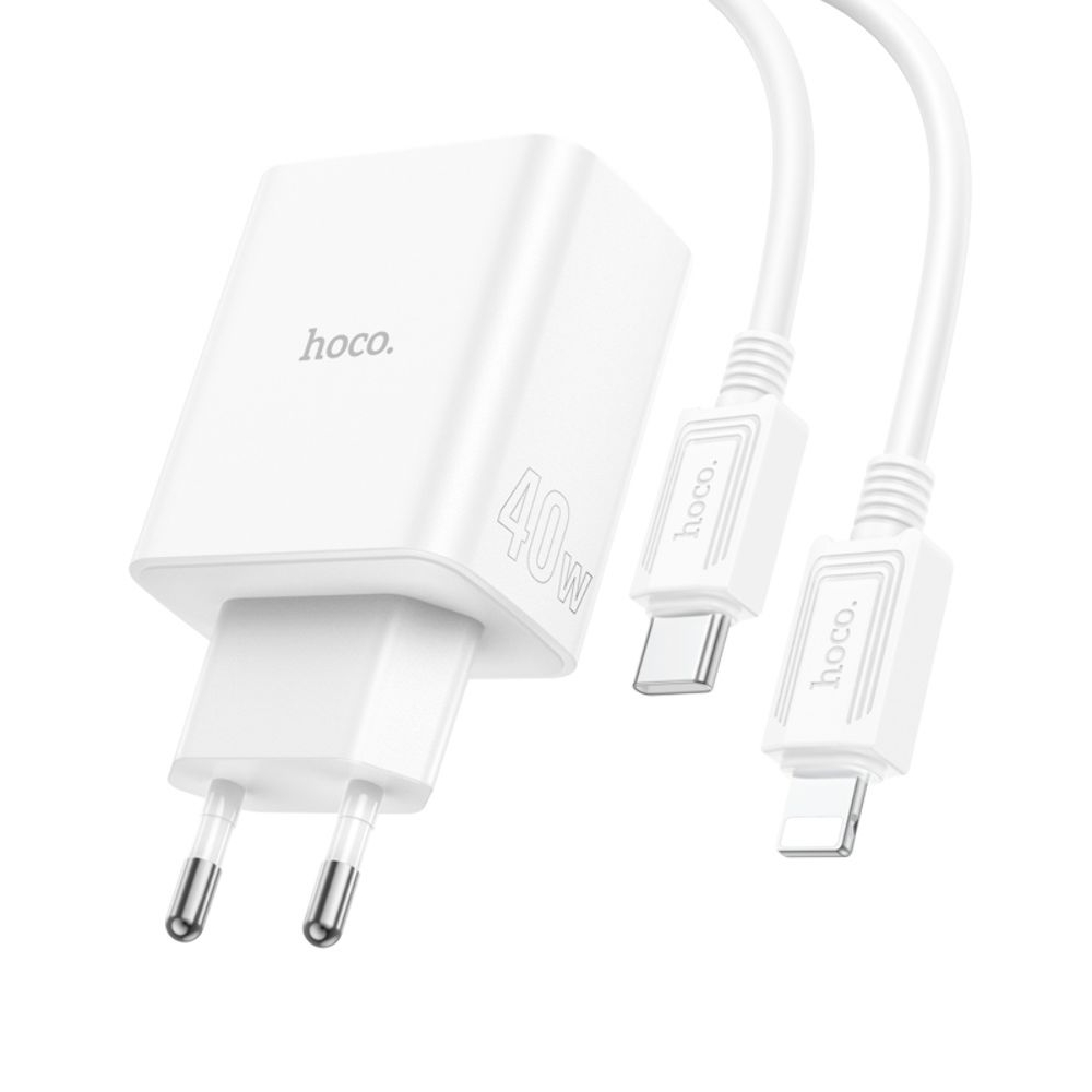 Сетевое зарядное устройство Hoco C126A, 1 USB, 2 Type-C, PowerDelivery (40 Вт), белое, с кабелем Type-C на Lightning