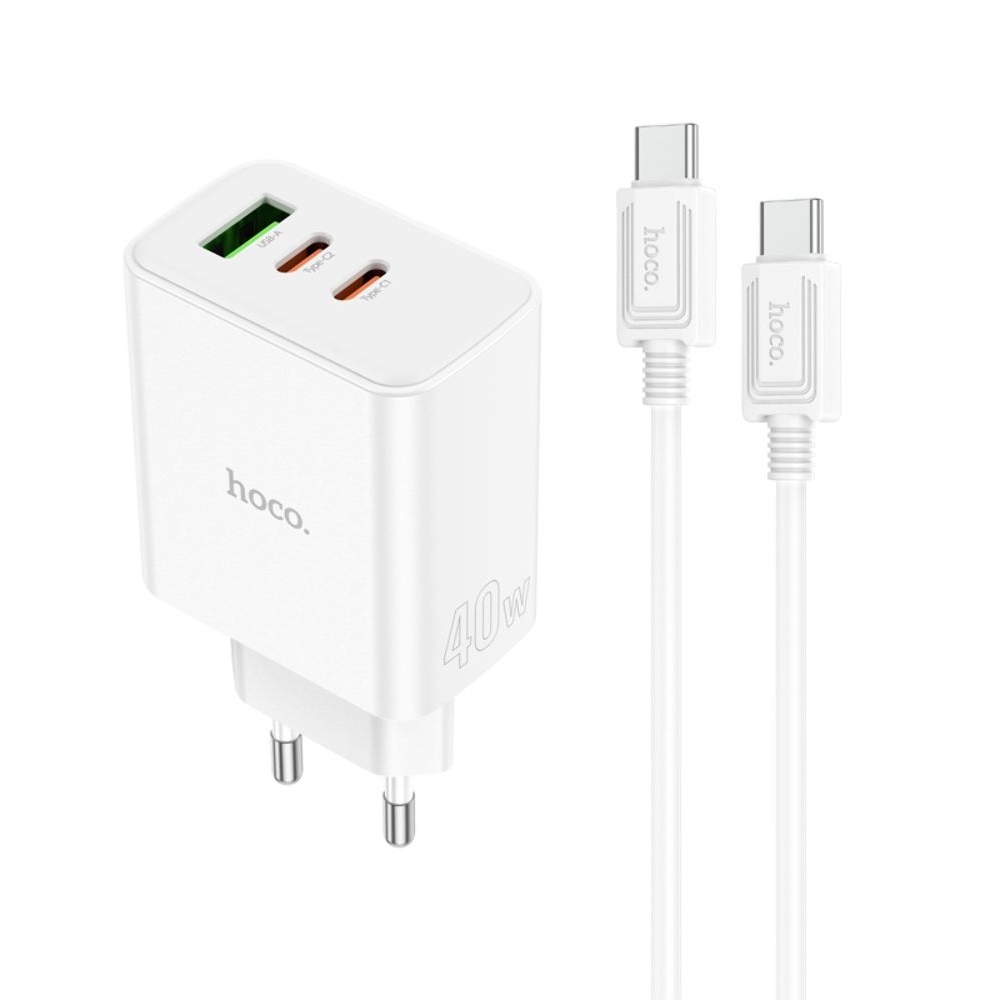 Сетевое зарядное устройство Hoco C126A, 1 USB, 2 Type-C, PowerDelivery (40 Вт), белое, с кабелем Type-C на Type-C
